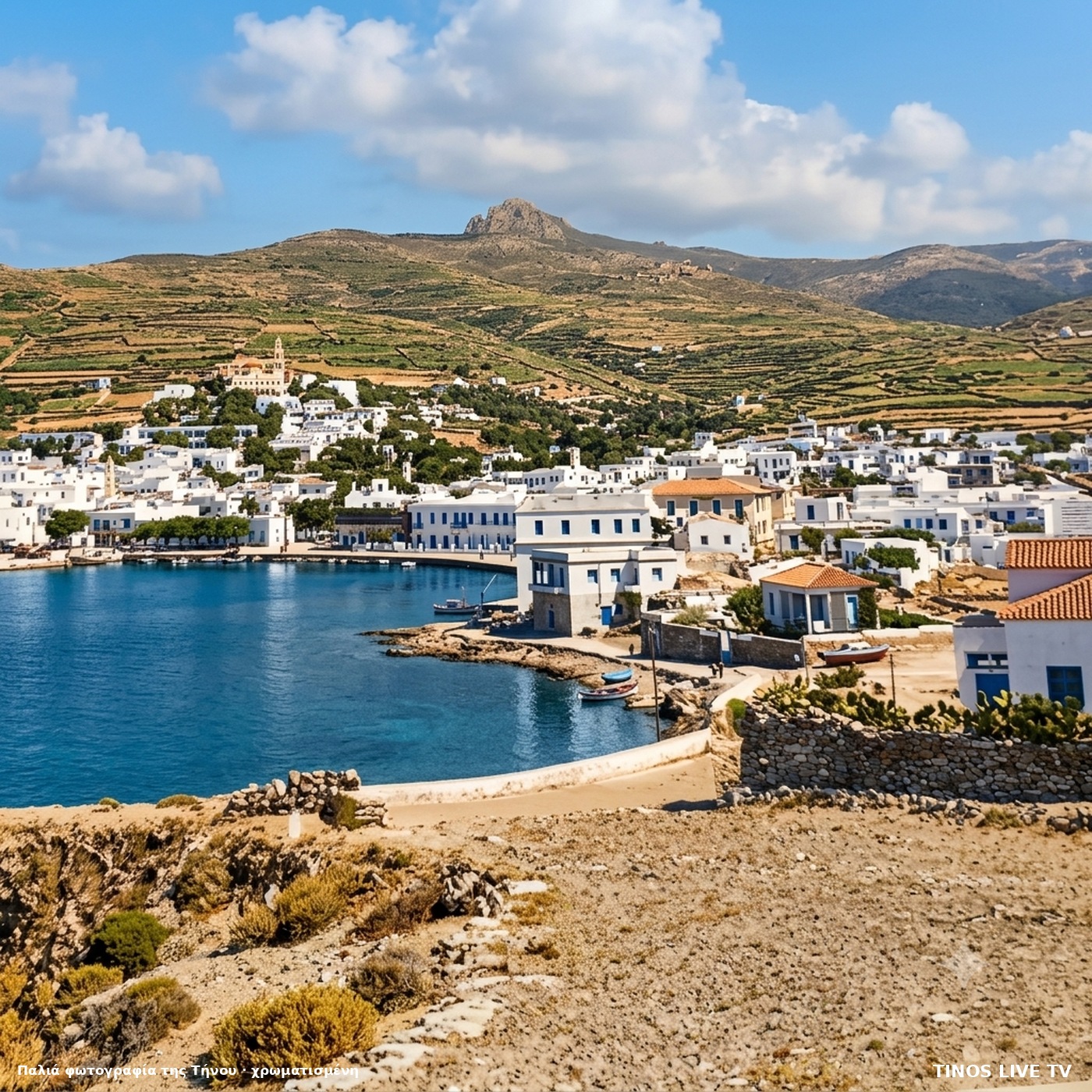 Η Χώρα της Τήνου σε παλιά φωτογραφία, χρωματισμένη: χωματόδρομος και ξερολιθιές μπροστά, πεζούλια στην πλαγιά, ο όρμος και το χωριό