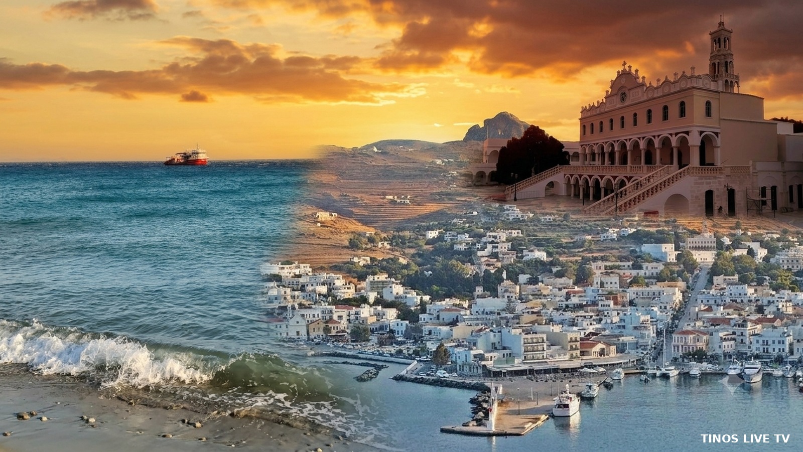 Αλιευτικό σκάφος ανοιχτά της Τήνου το σούρουπο, με τη Χώρα και τη Μεγαλόχαρη στο βάθος