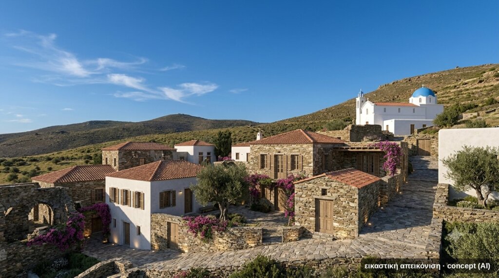 Εικαστική απεικόνιση του αναστημένου χωριού των Μοναστηρίων (concept, AI)