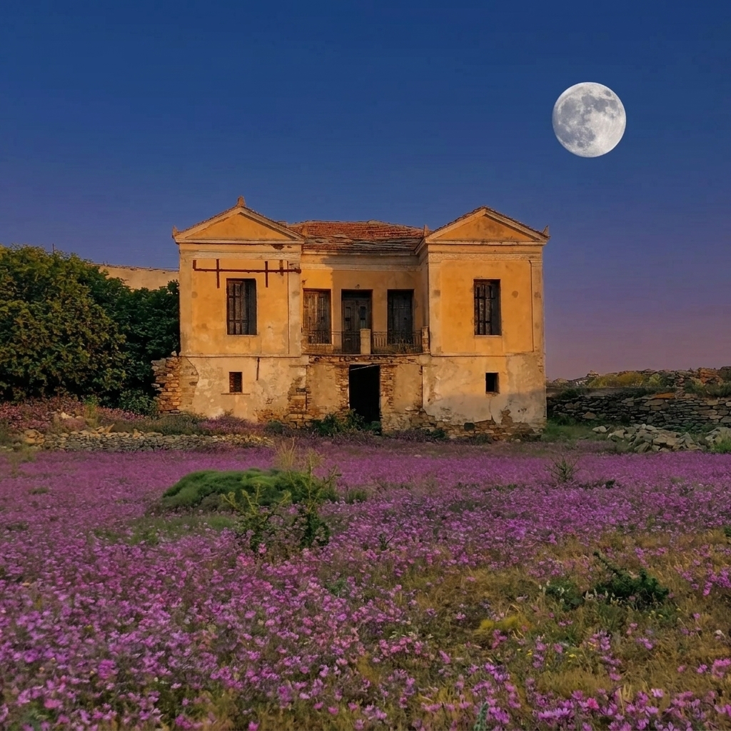 Παλιό αρχοντικό στον Κάμπο Τήνου με πανσέληνο, ψηφιακή σύνθεση