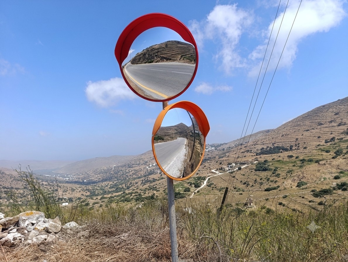 Δύο νέοι καθρέφτες στον ίδιο στύλο δείχνουν τον δρόμο και το διερχόμενο αυτοκίνητο