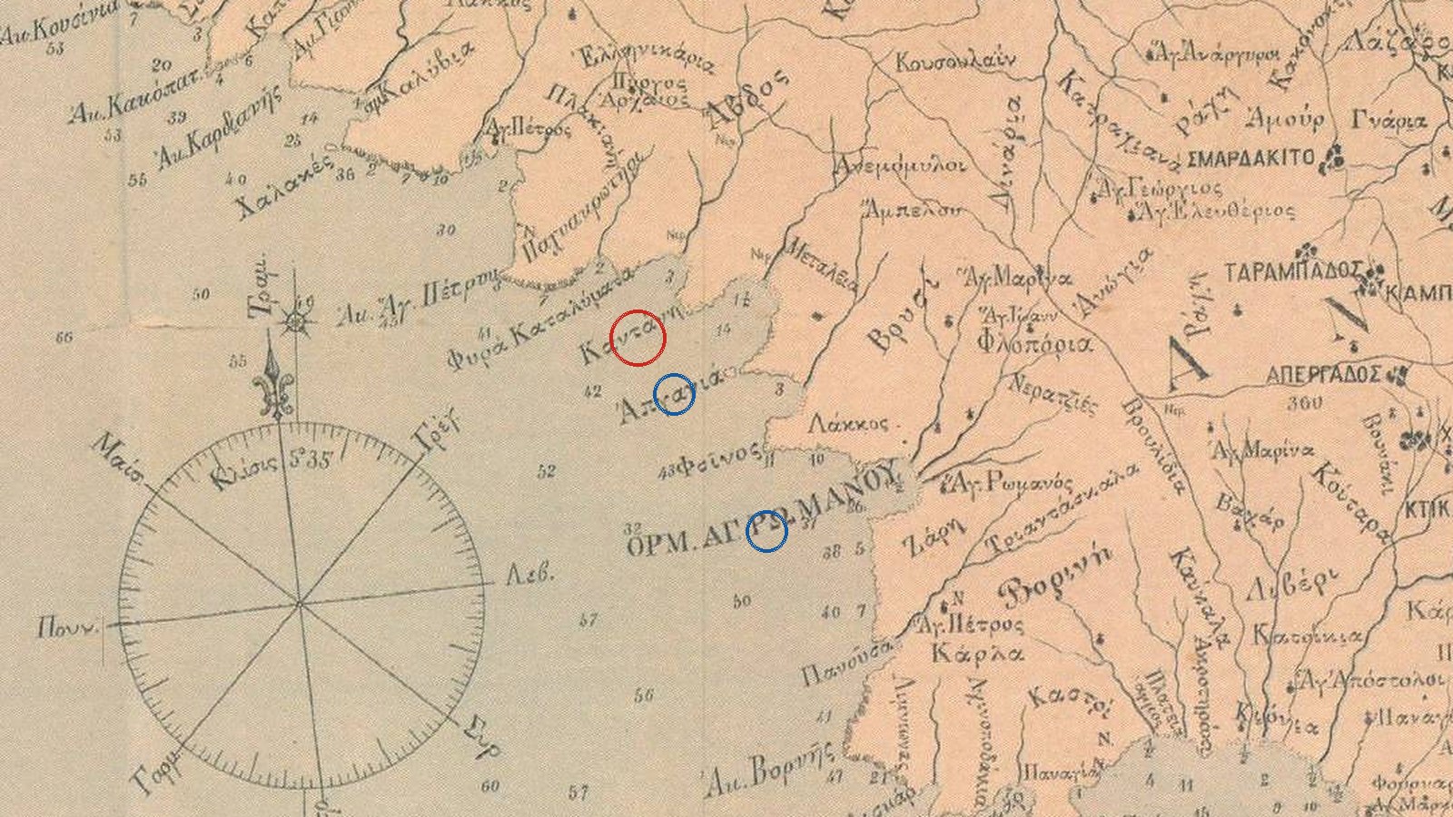 Η δυτική ακτή της Τήνου στον χάρτη του 1892, από τον Άγιο Πέτρο ως τον Όρμο Αγίου Ρωμανού, με σημειωμένα Καντάνη, Απηγανιά και Όρμο Αγ. Ρωμανού