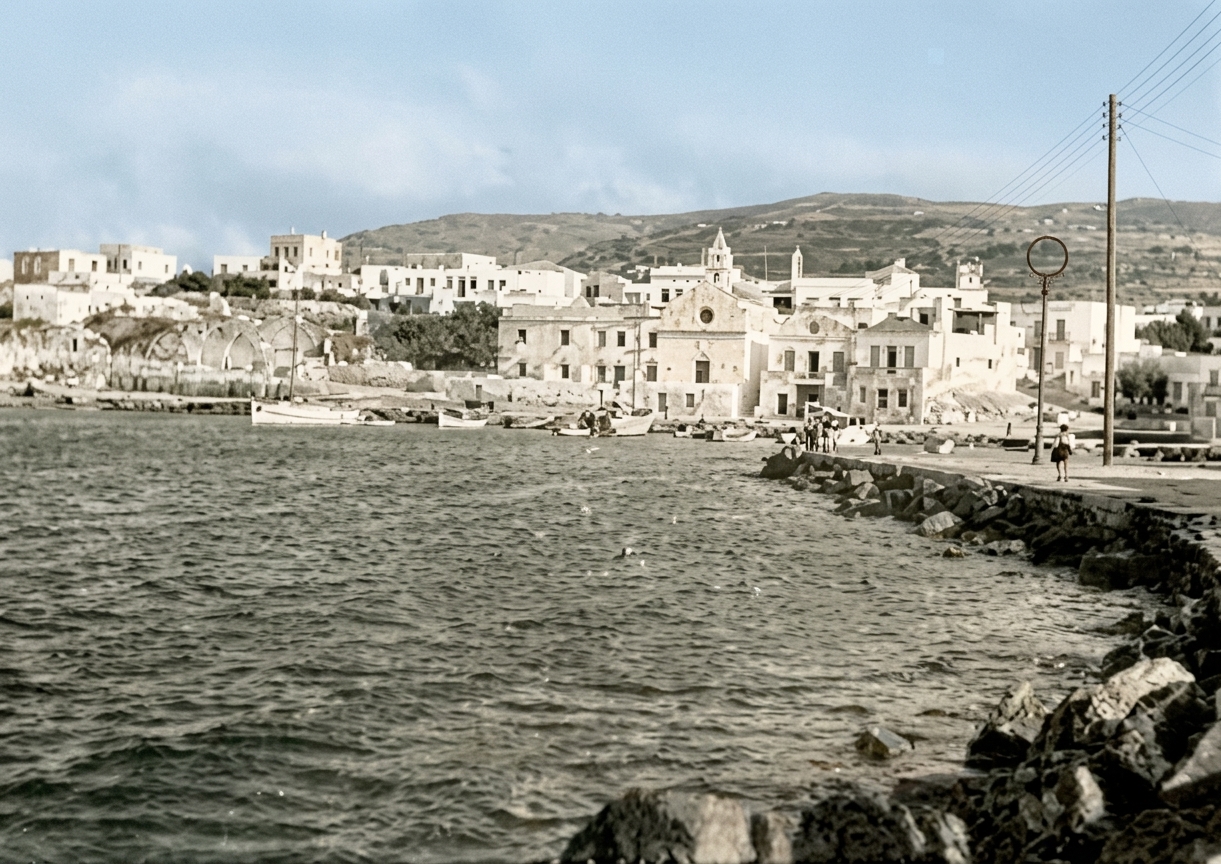 Η Παλλάδα από τον μώλο με τον καθολικό ναό του Αγίου Αντωνίου — ψηφιακή απόδοση με τεχνητή νοημοσύνη