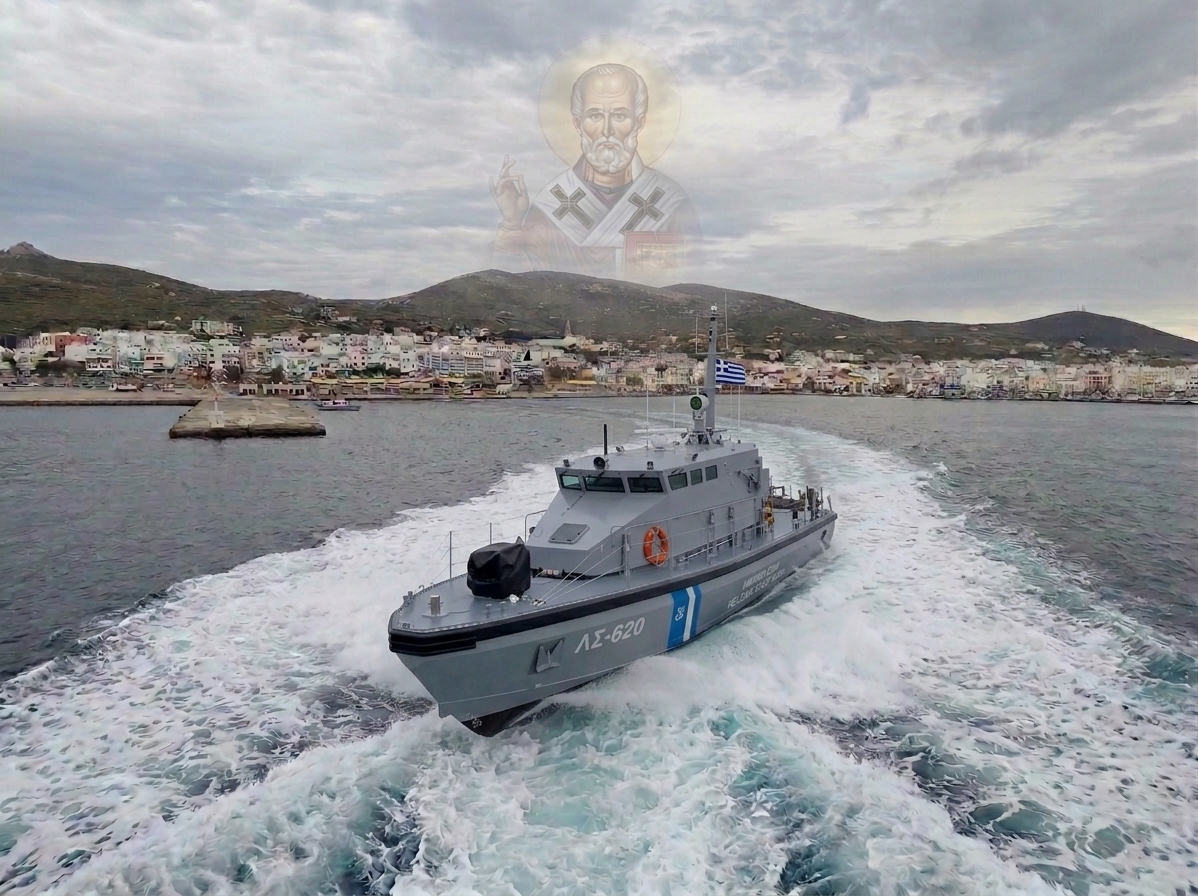 Το ΠΛΣ-620 βγαίνει από το λιμάνι της Τήνου με τον Άγιο Νικόλαο στον ουρανό — ψηφιακή σύνθεση
