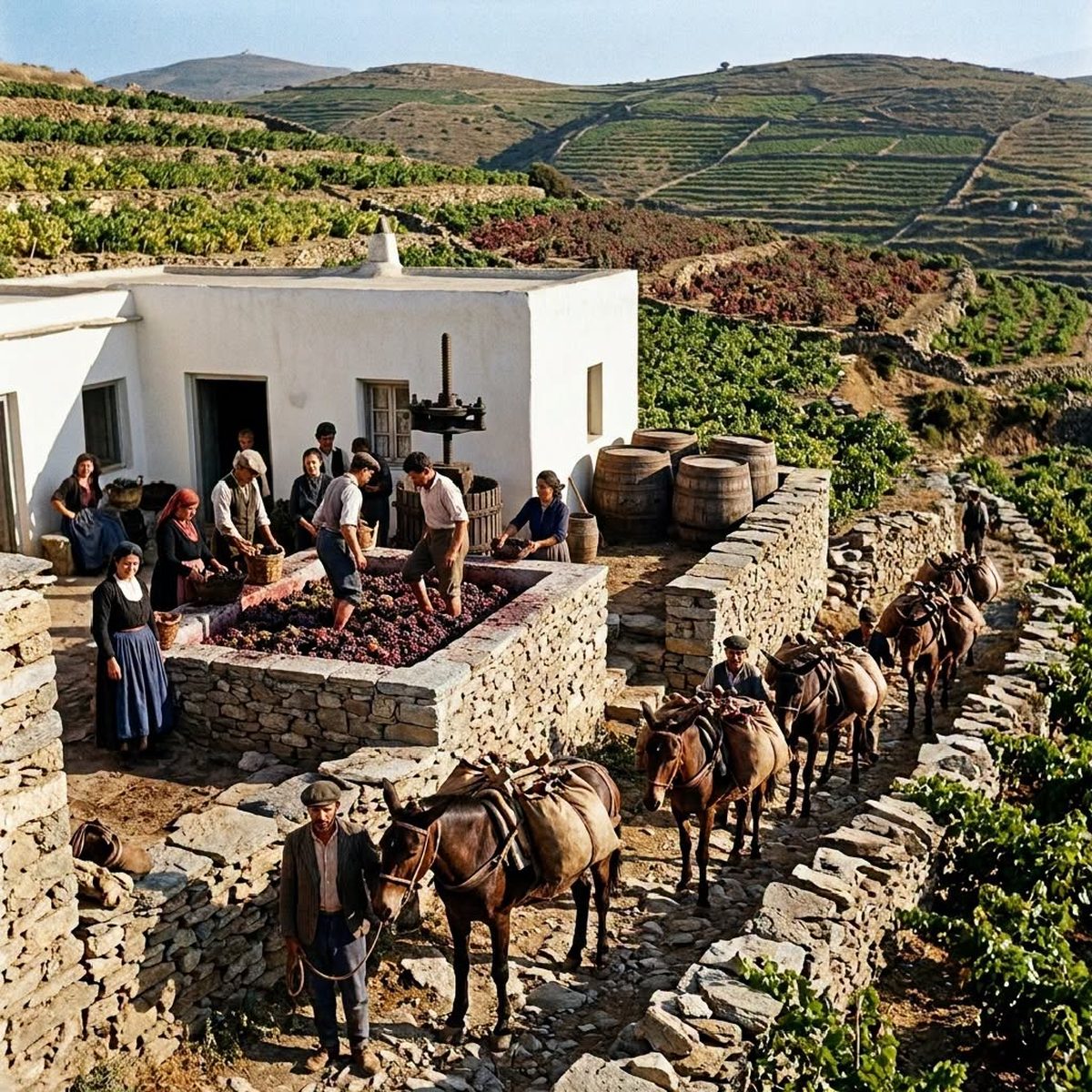 Πάτημα σταφυλιών σε πέτρινο ληνό, με μουλάρια και πεζούλες — καλλιτεχνική αναπαράσταση