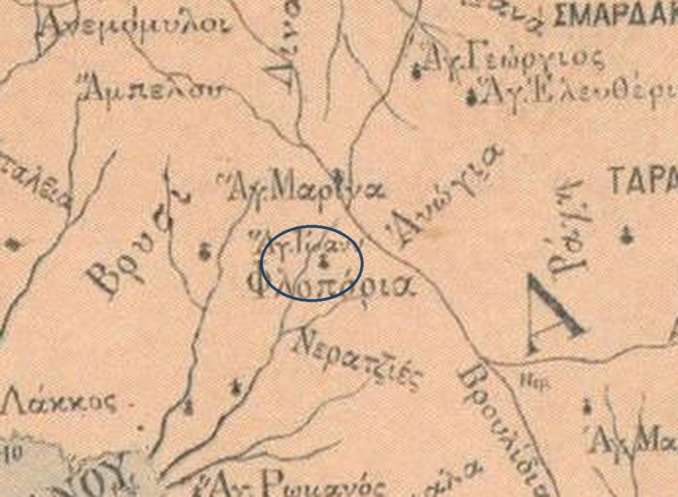 Απόσπασμα του χάρτη της Τήνου του 1892 με τα τοπωνύμια Φλοπόρια, Αγ. Ιωάν. και Αγ. Μαρίνα