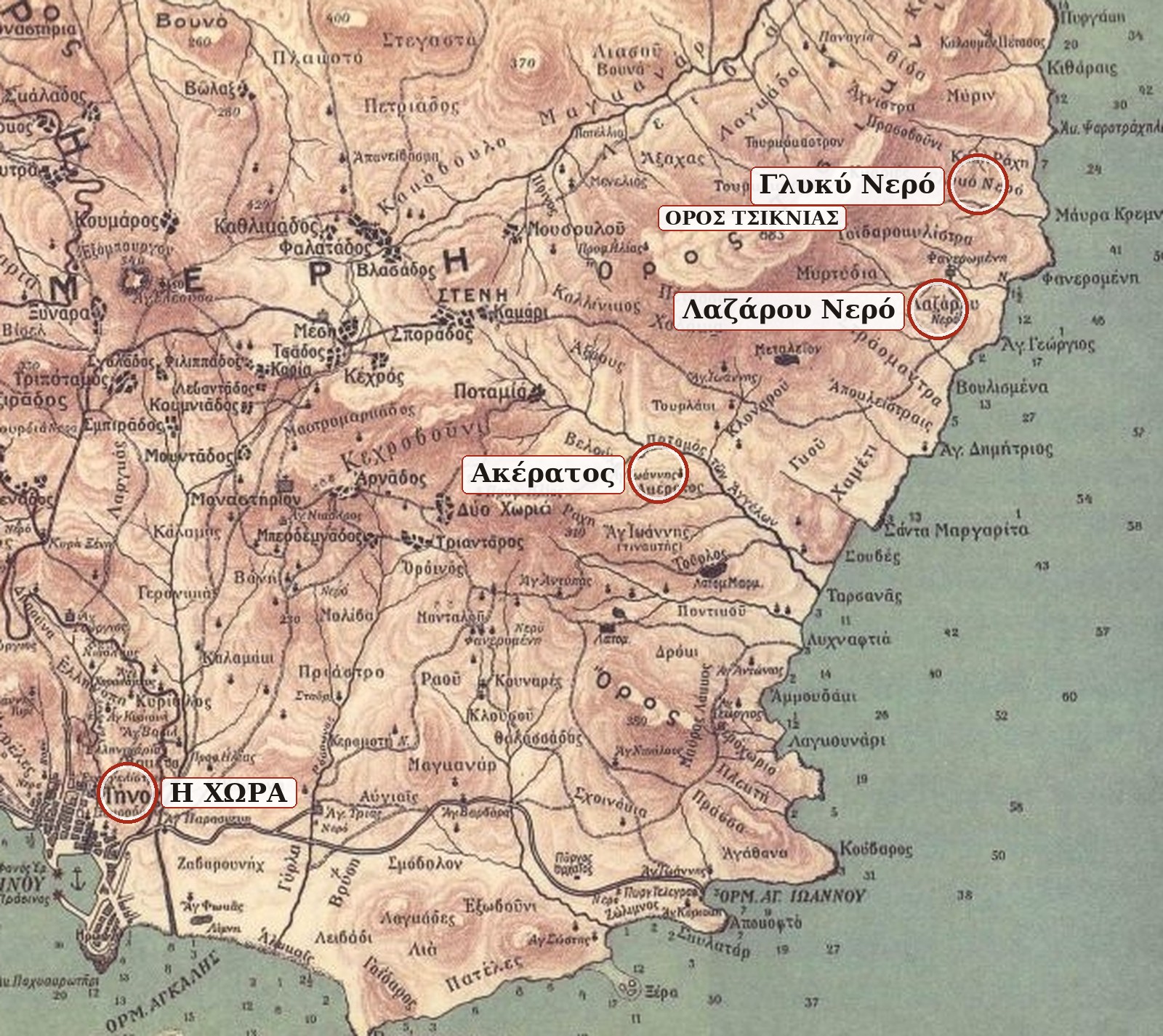Χάρτης της Τήνου 1892 — Τσικνιάς, πηγές και Χώρα