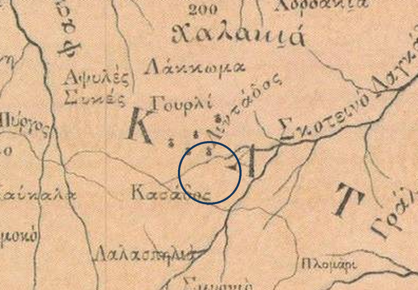 Απόσπασμα του χάρτη της Τήνου του 1892 με τη θέση Λιντάδος, τον Κασάδο και το Γουρλί· κύκλος στη θέση του ναού των Αγίων Αναργύρων