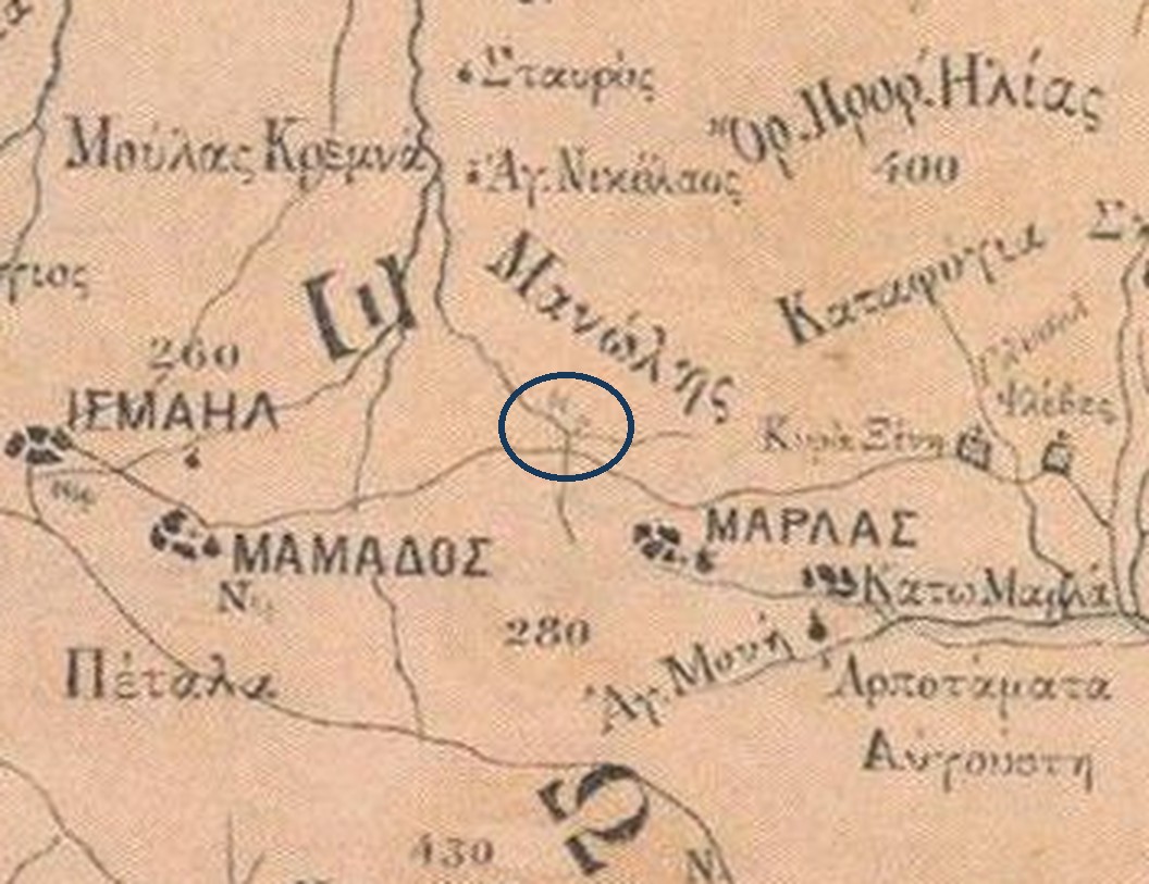 Απόσπασμα του χάρτη της Τήνου του 1892 με το τοπωνύμιο Μανώλης ανάμεσα σε Μαμάδο και Μαρλά