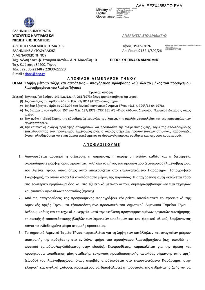 Η απόφαση του Λιμενάρχη Τήνου, ΑΔΑ ΕΞΖΧ4653ΠΩ-ΕΔΛ