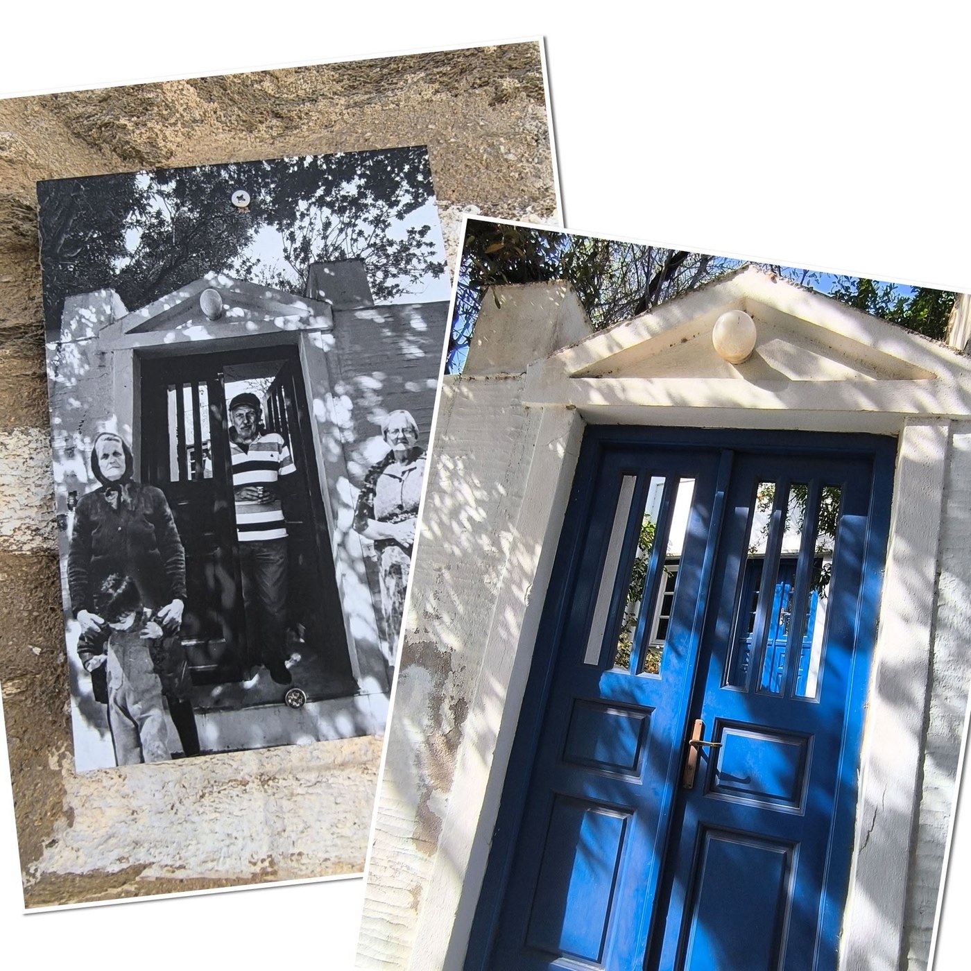 Παλιά ασπρόμαυρη φωτογραφία βιδωμένη στον τοίχο δίπλα στην ίδια πόρτα σήμερα, Χατζηράδος Τήνου