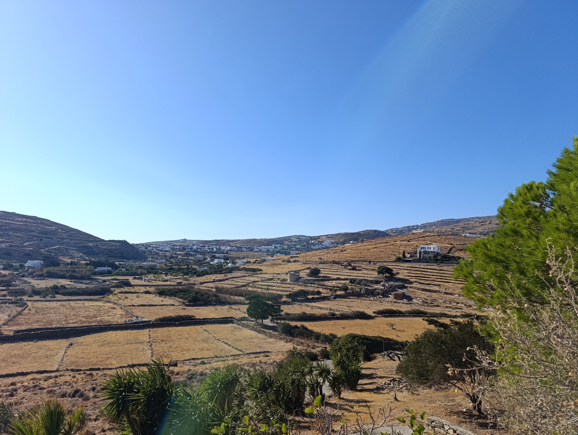 Πανοραμική άποψη της κοιλάδας στο Σμόβολο της Τήνου: χωράφια με ξερολιθιές, αναβαθμίδες και ο πύργος στο κέντρο, οικισμός στο βάθος