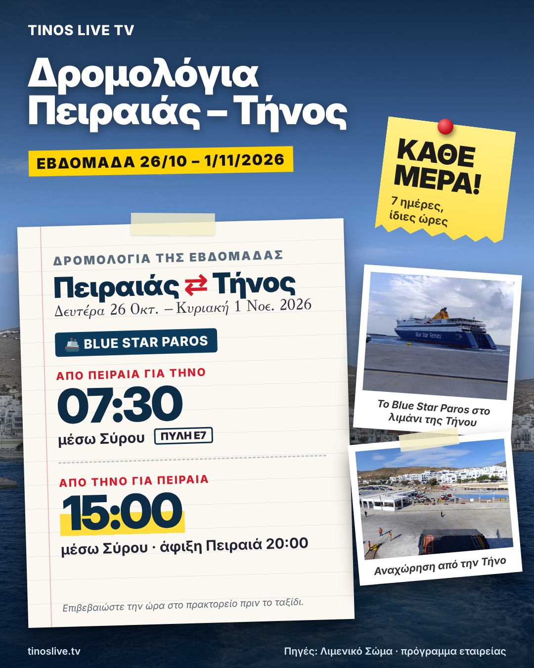 Τα δρομολόγια Πειραιάς – Τήνος για την εβδομάδα 26 Οκτωβρίου – 1 Νοεμβρίου 2026: το Blue Star Paros κάθε μέρα, αναχώρηση από Πειραιά 07:30 και άφιξη στον Πειραιά 20:00