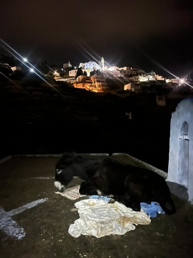 Η γαϊδουρίτσα Εξήντα ξαπλωμένη τη νύχτα στην οροφή ξωκλησιού, με φωτισμένο τον Τριαντάρο στο βάθος