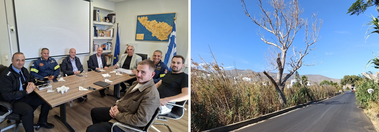 Αριστερά η σύσκεψη στο Δημαρχείο Τήνου με τον Γενικό Γραμματέα Πολιτικής Προστασίας, δεξιά το ξερό δέντρο πάνω από τον δρόμο Χώρας – Καλλονής