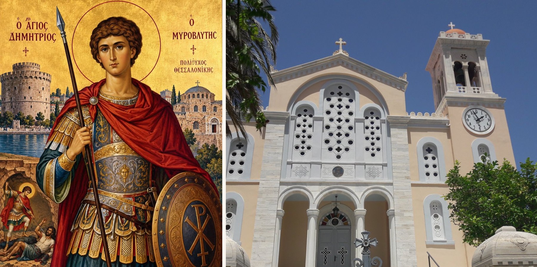Εικόνα του Αγίου Δημητρίου του Μυροβλύτου και η πρόσοψη του Ιερού Ναού Αγίου Δημητρίου στον Πύργο της Τήνου