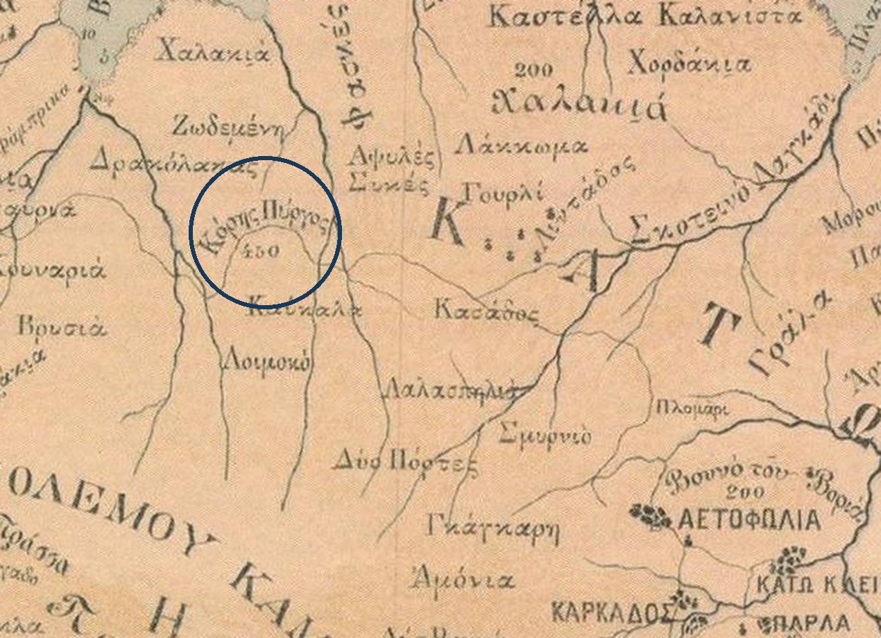 Απόσπασμα από τον χάρτη της Τήνου του 1892 με κύκλο στο σημείο «Κόρης Πύργος»