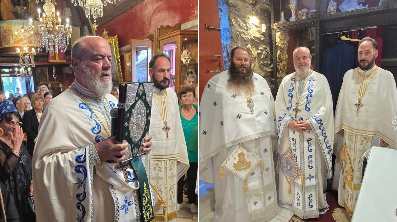 Ο π. Πέτρος Μαραγκός με το Ευαγγέλιο και οι τρεις λειτουργοί στη Μεγάλη Παναγιά Μυκόνου