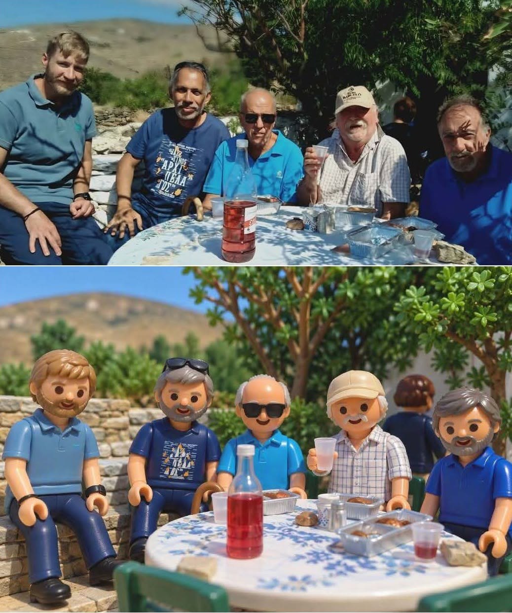 Η καλοκαιρινή παρέα στο Μουντάδο της Τήνου: πάνω σε φωτογραφία, κάτω σε αναπαράσταση με φιγούρες Playmobil