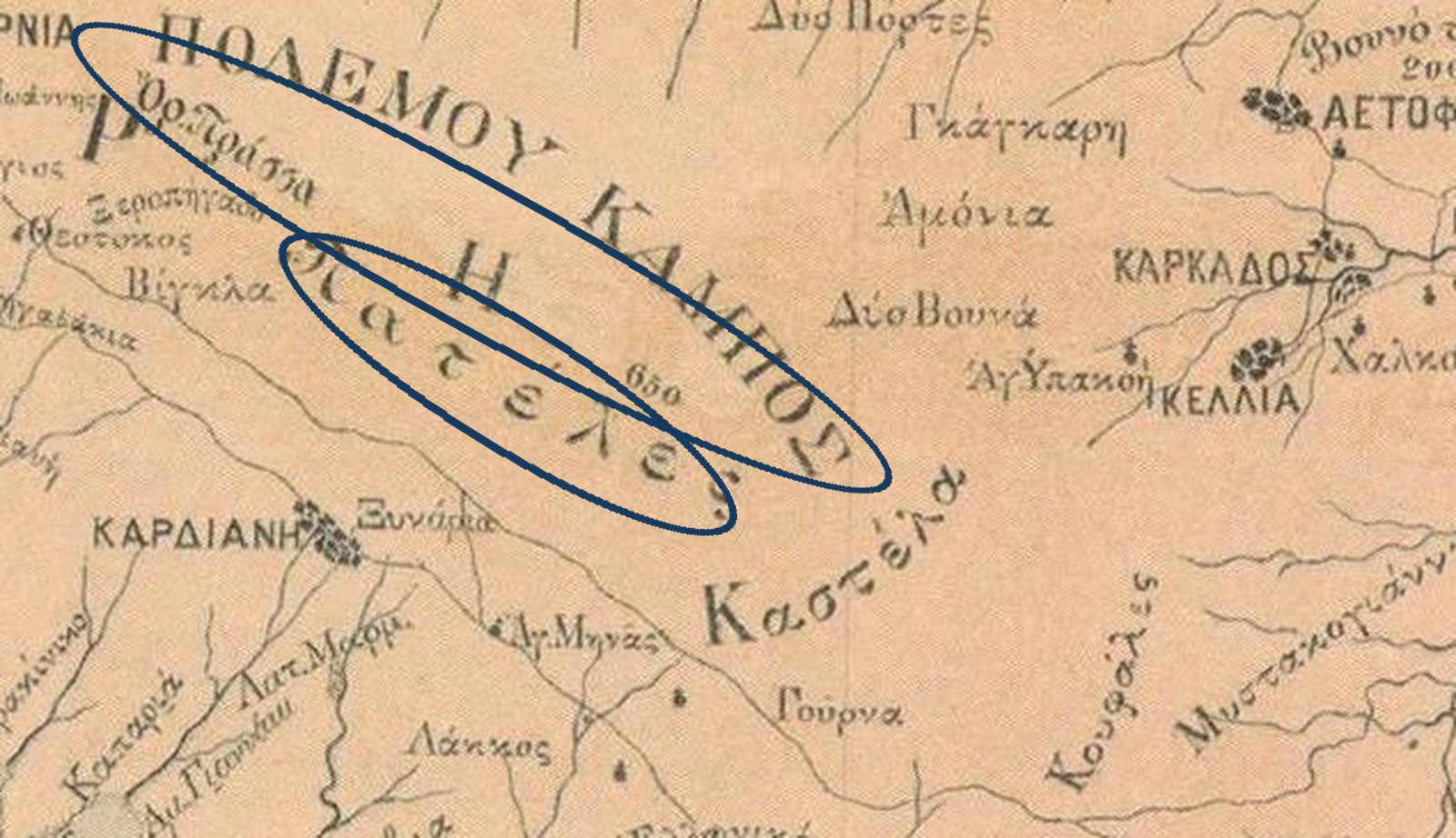 Απόσπασμα του χάρτη της Τήνου του 1892 με κυκλωμένα τα τοπωνύμια Πατέλες και Πολέμου Κάμπος